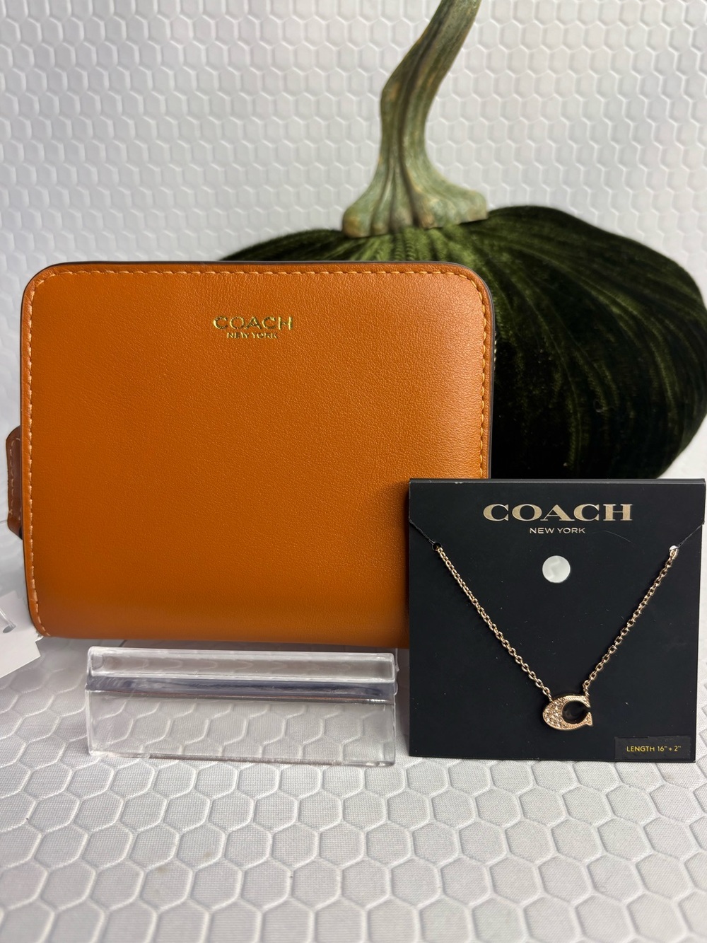 Coach New York Leather Billfold Wallet and C Necklace NWT
